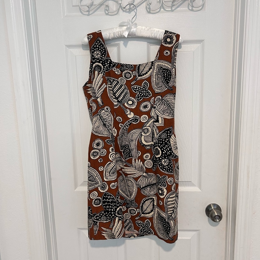 Printed Brown  Sheath Dress with Square Neck